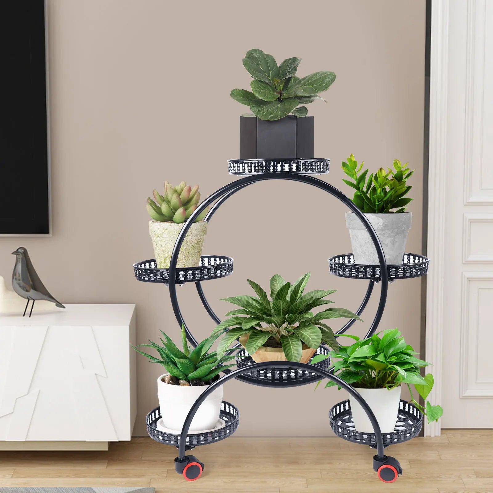 Blomsterställ i metall med hjul, sex plan