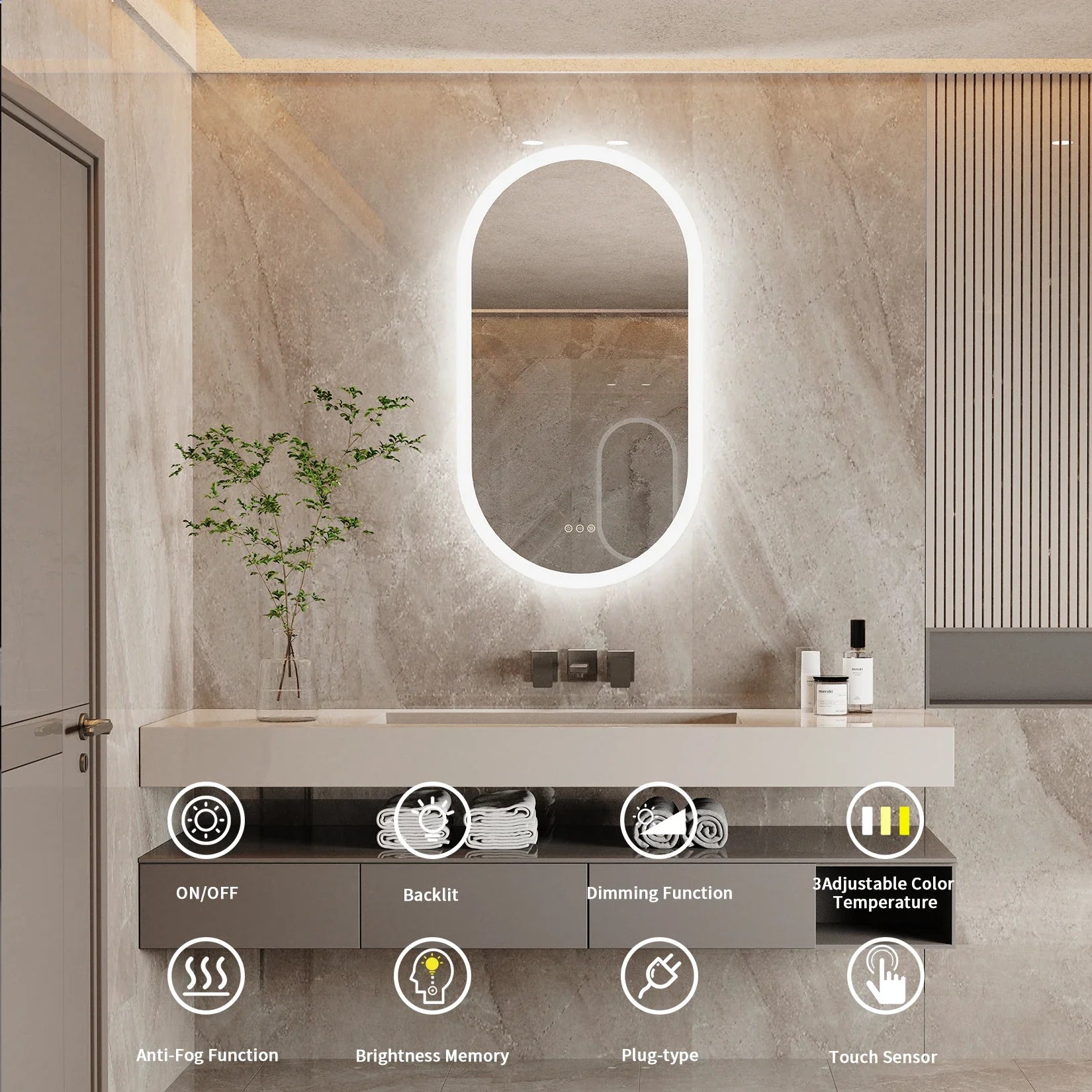 Oval badrumsspegel med LED och antiimma