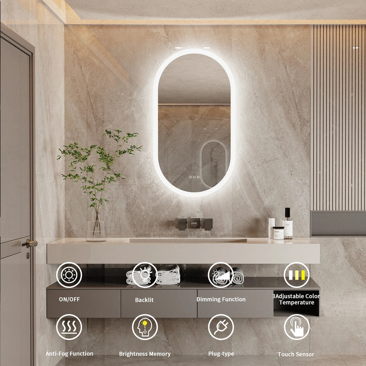 Oval badrumsspegel med LED och antiimma