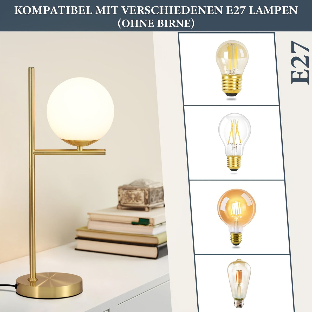 Bordslampa i mässing med vit glaskupa