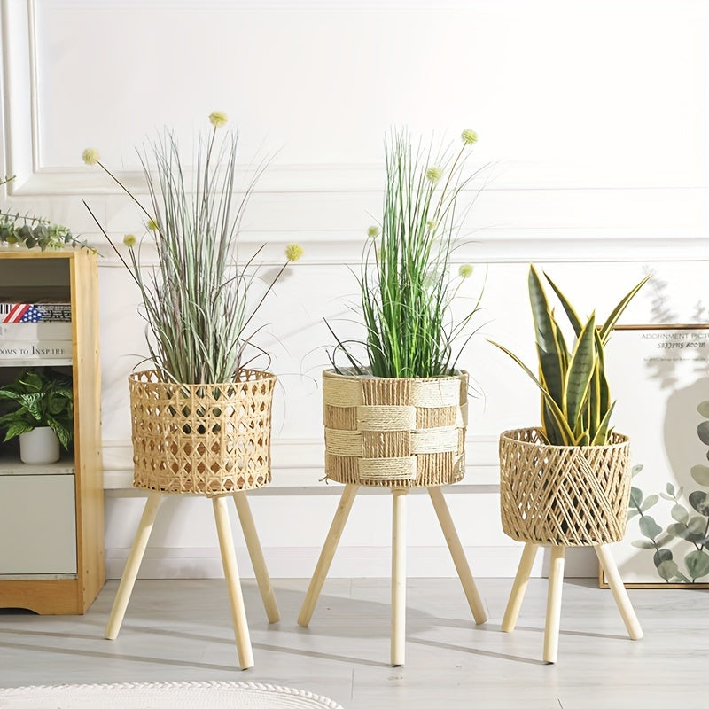 Blomsterställ i flätad bambu med träben