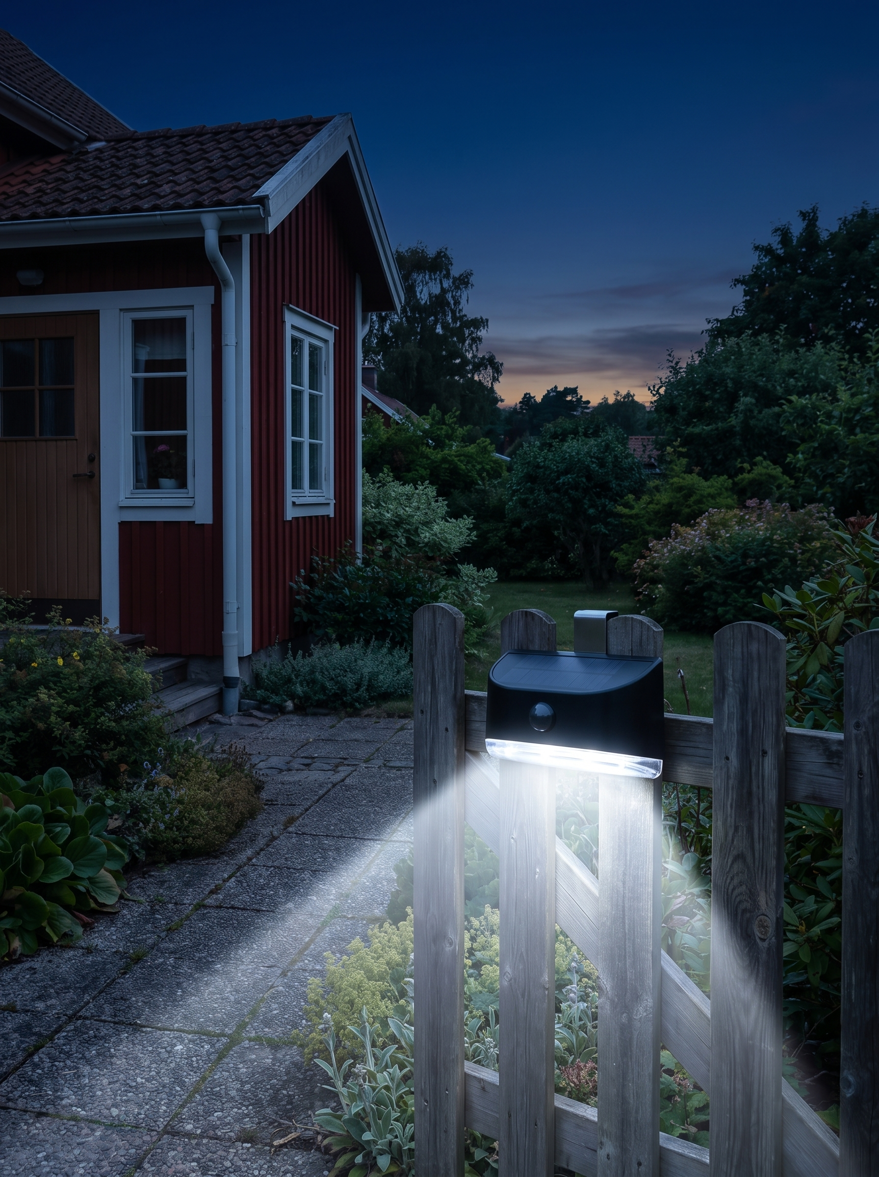 Solcellslampa med rörelsesensor som lyser upp gången vid ett hus på kvällen