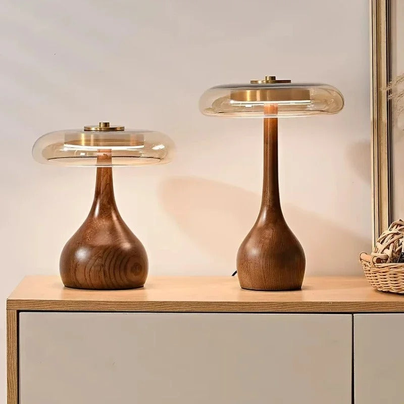 Bordslampa i glas, trä och mässing