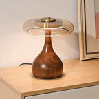 Bordslampa i glas, trä och mässing