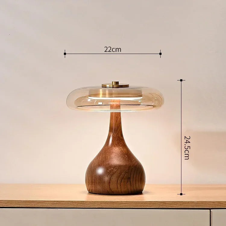 Bordslampa i glas, trä och mässing